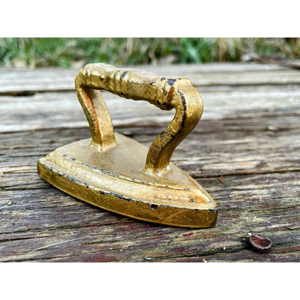 Vintage Cast Iron Miniature Sad Iron Painted Gold Paper Weight Decor